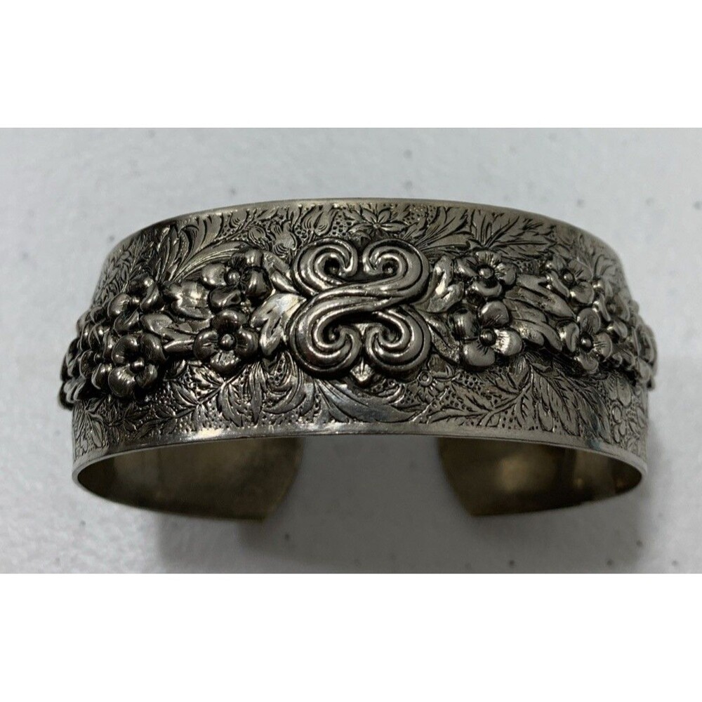 Vintage Repousse Floral Cuff Bracelet Intricate Engraving Silver Tone